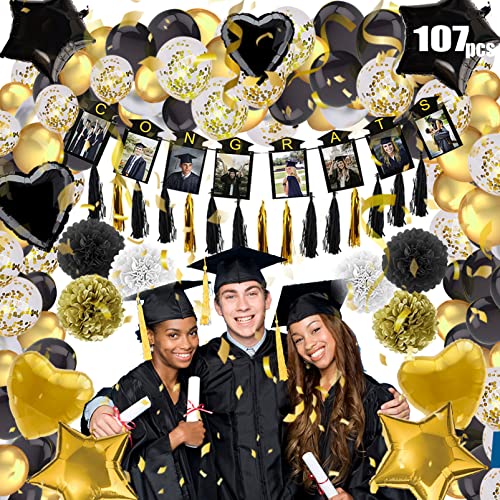 2022 Graduation Party Decorate Supplies, Black Gold Banner Balloon Tassels for Adults Kids High School College Senior Congrats Photo Frame Yard Sign