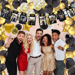 2022 Graduation Party Decorate Supplies, Black Gold Banner Balloon Tassels for Adults Kids High School College Senior Congrats Photo Frame Yard Sign