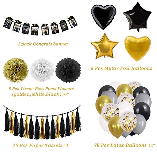 2022 Graduation Party Decorate Supplies, Black Gold Banner Balloon Tassels for Adults Kids High School College Senior Congrats Photo Frame Yard Sign