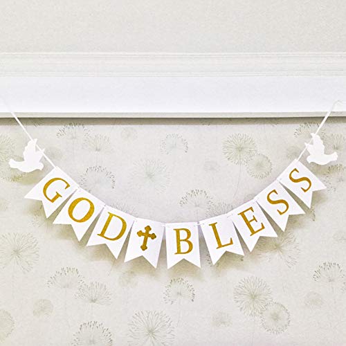 Uimiqc God Bless Baptism Banner Gold Glitter First Holy Communion Decorations Baby Shower Party Decor