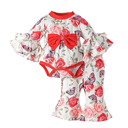 Newborn Baby Girl Clothes Infant Outfits Ruffle Sleeve Floral Romper Flare Pants Set Fall Winter Clothes 6-9 Months Red