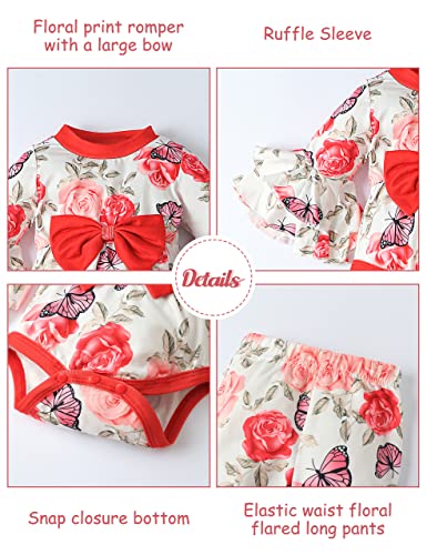 Newborn Baby Girl Clothes Infant Outfits Ruffle Sleeve Floral Romper Flare Pants Set Fall Winter Clothes 6-9 Months Red