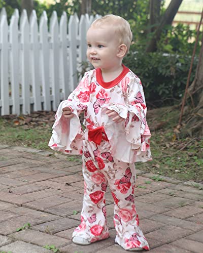Newborn Baby Girl Clothes Infant Outfits Ruffle Sleeve Floral Romper Flare Pants Set Fall Winter Clothes 6-9 Months Red