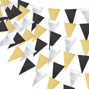 triangle flag bunting banner, merrynine 3 pack 30 feet vintage style pennant banner for wedding, baby shower, event & party supplies 78pcs flags (triangle flag – black silver gold glitter)