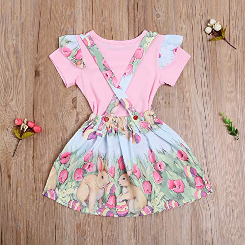 Toddler Kids Baby Girls Easter Outfits Ruffle Short Sleeve T-Shirt Top + Bunny Print Suspender Strap Skirt Outfit Overall Skirt Set (Pink, 12-18 Months)