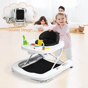 INFANS Foldable Baby Walker, 3 in 1 Toddler Walker Bouncer, Learning-Seated, Walk-Behind, Music, Adjustable Height, High Back Padded Seat, Detachable Trampoline Mat, Activity Walker with Toys (Grey)