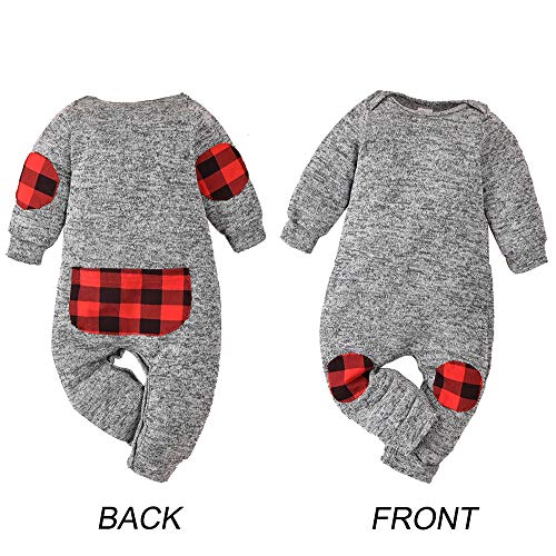 Newborn Baby Boys Girls Buffalo Plaid Christmas Outfits Romper Infant One Piece Christmas Clothes Jumpsuit with Hat Grey