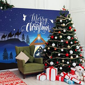 Nativity Banner Merry Christmas Nativity Barn Birth of Jesus Nativity Backdrop Scene Blue Large Holy Nativity Backdrop Religious Xmas Photography Booth Prop Banner for Christmas Party 72.8 x 43.3 Inch