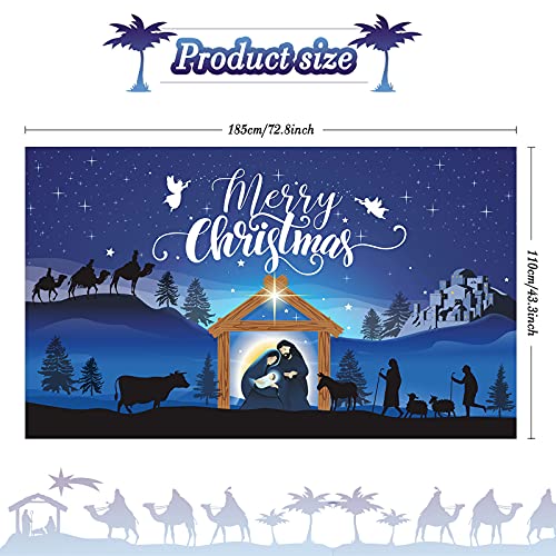 Nativity Banner Merry Christmas Nativity Barn Birth of Jesus Nativity Backdrop Scene Blue Large Holy Nativity Backdrop Religious Xmas Photography Booth Prop Banner for Christmas Party 72.8 x 43.3 Inch