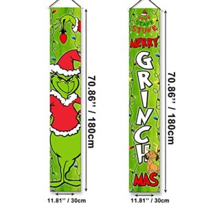 Grinch Christmas Decorations Grinch Porch Sign Door Banner Merry Grinchmas Theme Photography Yard Sign Banner Supplies For Home Office Fireplace Christmas New Year Party Decorations