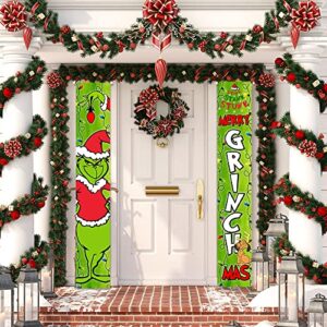 Grinch Christmas Decorations Grinch Porch Sign Door Banner Merry Grinchmas Theme Photography Yard Sign Banner Supplies For Home Office Fireplace Christmas New Year Party Decorations