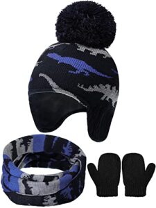 baby boy hat scarf mittens set winter warm hat knitted beanie gloves toddler fleece mittens earflaps (navy blue, grey, light blue, 4-5 years)