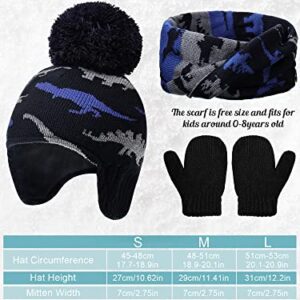 Baby Boy Hat Scarf Mittens Set Winter Warm Hat Knitted Beanie Gloves Toddler Fleece Mittens Earflaps (Navy Blue, Grey, Light Blue, 4-5 Years)