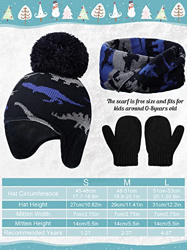 Baby Boy Hat Scarf Mittens Set Winter Warm Hat Knitted Beanie Gloves Toddler Fleece Mittens Earflaps (Navy Blue, Grey, Light Blue, 4-5 Years)