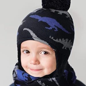 Baby Boy Hat Scarf Mittens Set Winter Warm Hat Knitted Beanie Gloves Toddler Fleece Mittens Earflaps (Navy Blue, Grey, Light Blue, 4-5 Years)