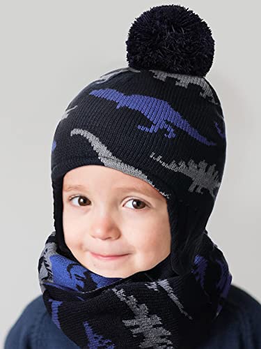 Baby Boy Hat Scarf Mittens Set Winter Warm Hat Knitted Beanie Gloves Toddler Fleece Mittens Earflaps (Navy Blue, Grey, Light Blue, 4-5 Years)