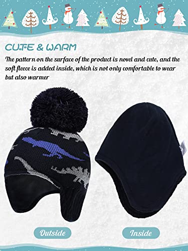 Baby Boy Hat Scarf Mittens Set Winter Warm Hat Knitted Beanie Gloves Toddler Fleece Mittens Earflaps (Navy Blue, Grey, Light Blue, 4-5 Years)