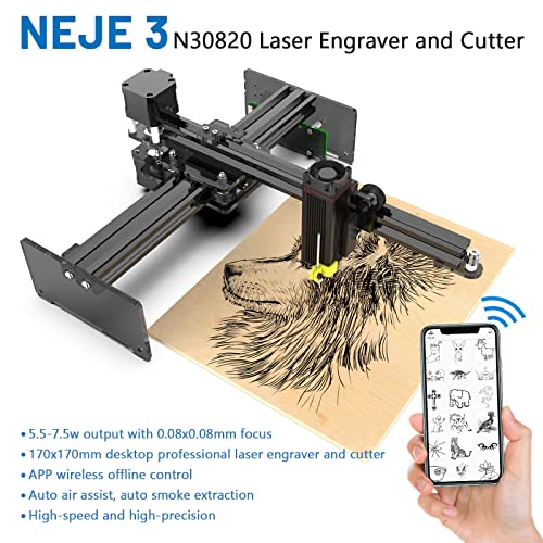 NEJE 3 N30820 Laser Engraver, 5.5-7.5w Output Power DIY Laser Engraver and Cutter Machine Support LightBurn, 0.08mm Ultra-Fine Focus, for Acrylic Wood and Glass ,170 x 170 mm(6.7"x6.7")