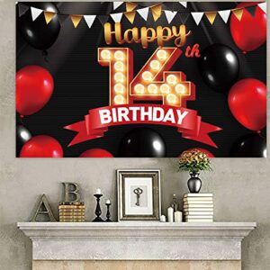 Happy 14th Birthday Black Banner Decorations Gold Backdrop Red and Black Balloons Theme Decor for Girls Women Princess 14 Years Old Birthday Party Supplies Photo Booth Props Background Favors Glitter