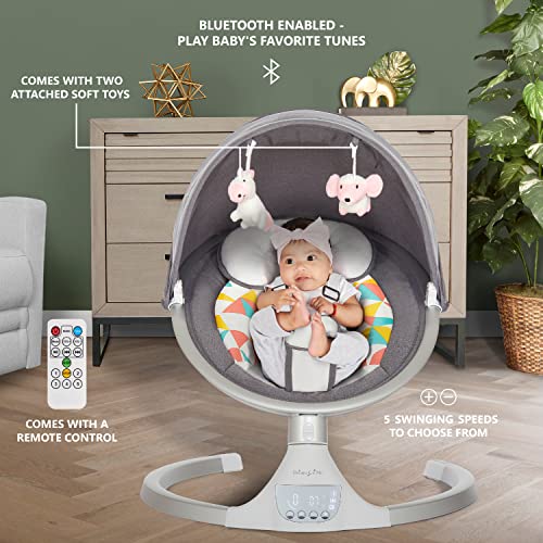 Dream On Me Zazu Baby Swing, Baby Swing for Infant, 5- Swinging Speed, Two Attached Toys, Bluetooth Enabled and Remote Control, Grey and Pink