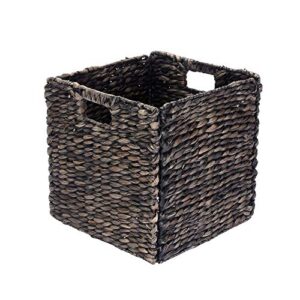 villacera 12-inch square handmade wicker storage bin, foldable baskets made of water hyacinth in black | set of 2