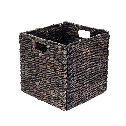 Villacera 12-Inch Square Handmade Wicker Storage Bin, Foldable Baskets made of Water Hyacinth in Black | Set of 2