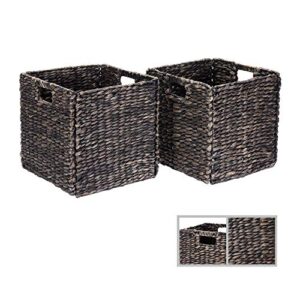 Villacera 12-Inch Square Handmade Wicker Storage Bin, Foldable Baskets made of Water Hyacinth in Black | Set of 2