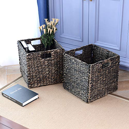 Villacera 12-Inch Square Handmade Wicker Storage Bin, Foldable Baskets made of Water Hyacinth in Black | Set of 2