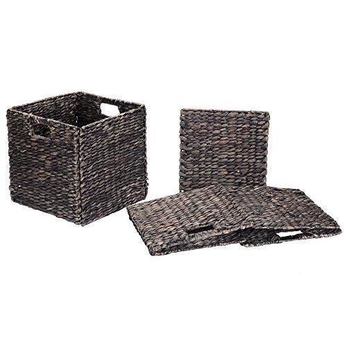 Villacera 12-Inch Square Handmade Wicker Storage Bin, Foldable Baskets made of Water Hyacinth in Black | Set of 2