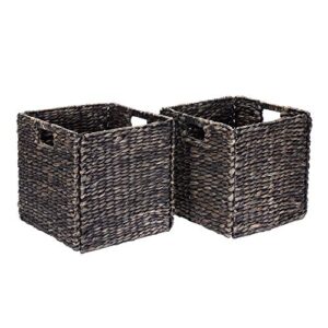 Villacera 12-Inch Square Handmade Wicker Storage Bin, Foldable Baskets made of Water Hyacinth in Black | Set of 2