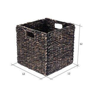 Villacera 12-Inch Square Handmade Wicker Storage Bin, Foldable Baskets made of Water Hyacinth in Black | Set of 2