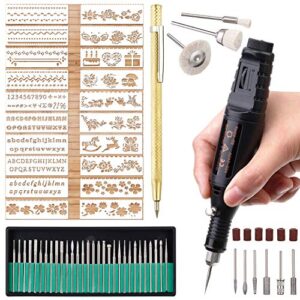 electric micro engraver pen mini diy engraving tool kit for metal glass ceramic plastic wood jewelry 1 scriber etcher 30 bits 6 polishing head 3 wool cleaner bits 20 stencils and operating instruction