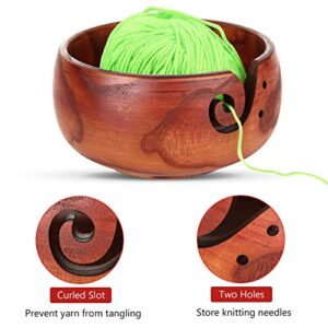 FVIEXE Wooden Yarn Bowl, Yarn Holder Bowls for Knitting & Crocheting Handmade Yarn Storage Bowls & Accessories Wool Storage with Holes Including 12PCS Crochet Hooks Gift for Mothers Day