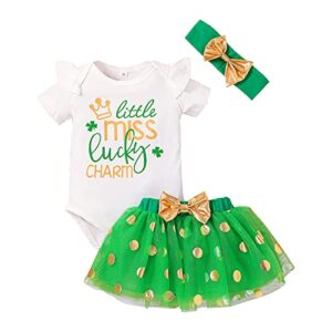 st.patrick ‘s day newborn baby girl short sleeve round neck romper tops+dots tutu tulle skirt+headband 3pcs clothes set (green, 0-3 months)
