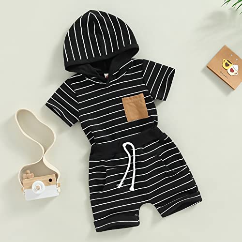 Toddler Baby Boys Summer Outfits Patchwork Print Short Sleeve Hooded Sweatshirt Tops and Drawstring Shorts Playwear (Stripe Black, 2-3 Years)