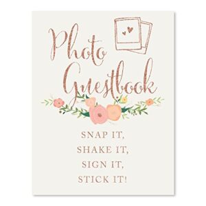 andaz press wedding party signs, faux rose gold glitter with florals, 8.5×11-inch, photo guestbook snap it, shake it, sign it, stick it, polaroid sign 1-pack, colored decorations