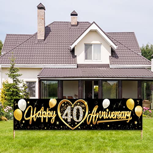 Kauayurk Happy 40th Wedding Anniversary Banner Decorations, Black Gold 40th Anniversary Sign Party Supplies, 40th Wedding Anniversary Decor Photo Booth for Outdoor Indoor