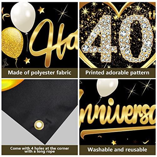 Kauayurk Happy 40th Wedding Anniversary Banner Decorations, Black Gold 40th Anniversary Sign Party Supplies, 40th Wedding Anniversary Decor Photo Booth for Outdoor Indoor