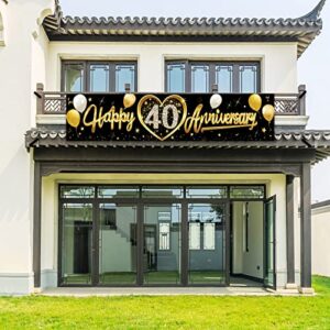 Kauayurk Happy 40th Wedding Anniversary Banner Decorations, Black Gold 40th Anniversary Sign Party Supplies, 40th Wedding Anniversary Decor Photo Booth for Outdoor Indoor