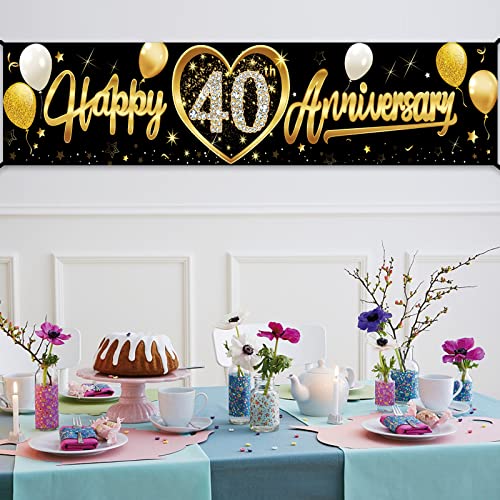 Kauayurk Happy 40th Wedding Anniversary Banner Decorations, Black Gold 40th Anniversary Sign Party Supplies, 40th Wedding Anniversary Decor Photo Booth for Outdoor Indoor