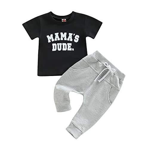 2PCS Baby Boy Summer Clothes Letter Printed Short Sleeve T Shirt Top Jogger Pants Toddlers Boy Summer Outfits (Black Grey MM, 12-18 Months)