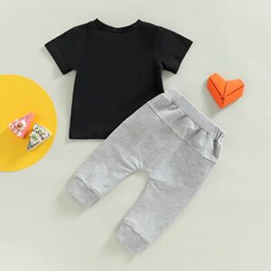 2PCS Baby Boy Summer Clothes Letter Printed Short Sleeve T Shirt Top Jogger Pants Toddlers Boy Summer Outfits (Black Grey MM, 12-18 Months)