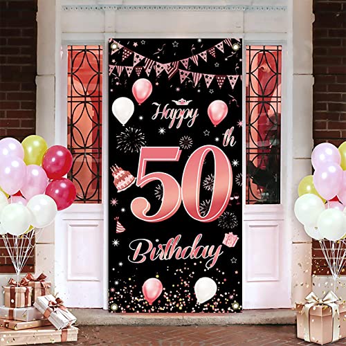 DegGod Happy 50th Birthday Backdrop Banner, Extra Large Rose Gold Birthday Sign Poster Photo Booth Props for Men Women Birthday Party Background Decoration Supplies (Pink,50th)