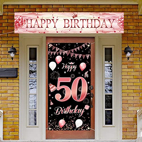 DegGod Happy 50th Birthday Backdrop Banner, Extra Large Rose Gold Birthday Sign Poster Photo Booth Props for Men Women Birthday Party Background Decoration Supplies (Pink,50th)