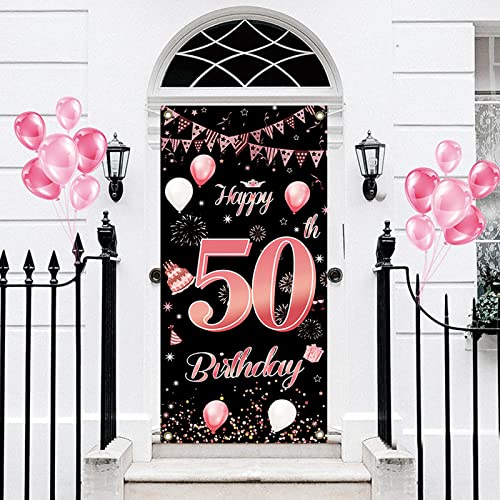 DegGod Happy 50th Birthday Backdrop Banner, Extra Large Rose Gold Birthday Sign Poster Photo Booth Props for Men Women Birthday Party Background Decoration Supplies (Pink,50th)