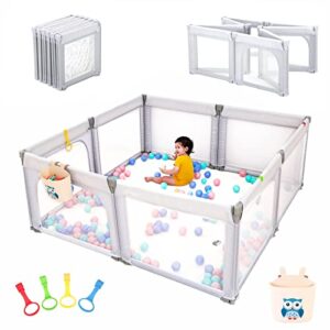 preneo foldable baby playpen, play pens for babies and toddlers, with 4 pull rings and 1 storage box, large playards for easy installation and storage, material safety and stability.