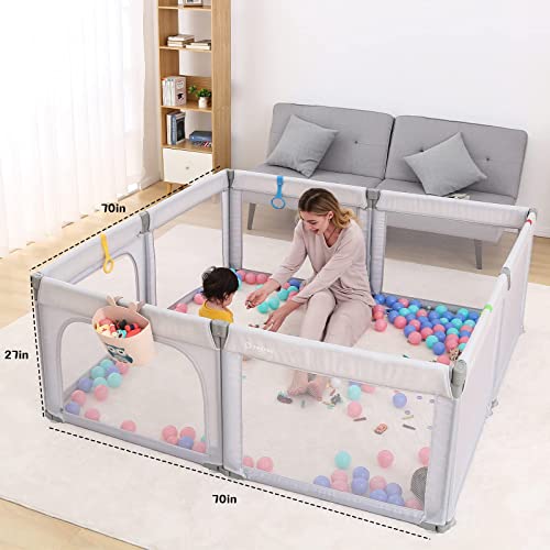 Preneo Foldable Baby Playpen, Play Pens for Babies and Toddlers, with 4 Pull Rings and 1 Storage Box, Large Playards for Easy Installation and Storage, Material Safety and Stability.