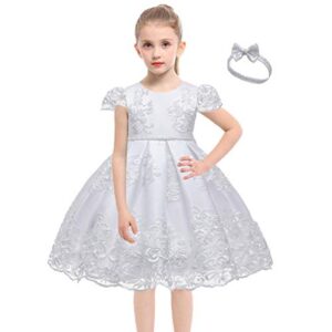 MYRISAM Flower Girls Lace Tutu Dress Baby Kids Christening Baptism Communion Birthday Party Formal Wedding Dresses w/Headwear White 3-4T