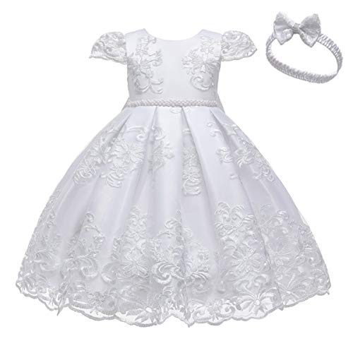 MYRISAM Flower Girls Lace Tutu Dress Baby Kids Christening Baptism Communion Birthday Party Formal Wedding Dresses w/Headwear White 3-4T