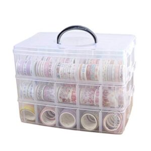 washi tape holder, washi tape box organizer craft storage – 3 layer large divider closet container, with 30 adjustable compartments, clear